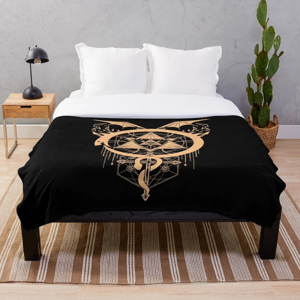 Fullmetal Alchemist inspired plush blanket with monochrome imagery of snakes, alchemy circles, and homunculi.