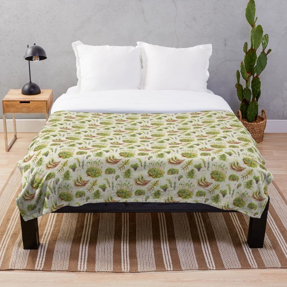 Mosses botanical plush blanket with a neutral, nature-inspired watercolor pattern