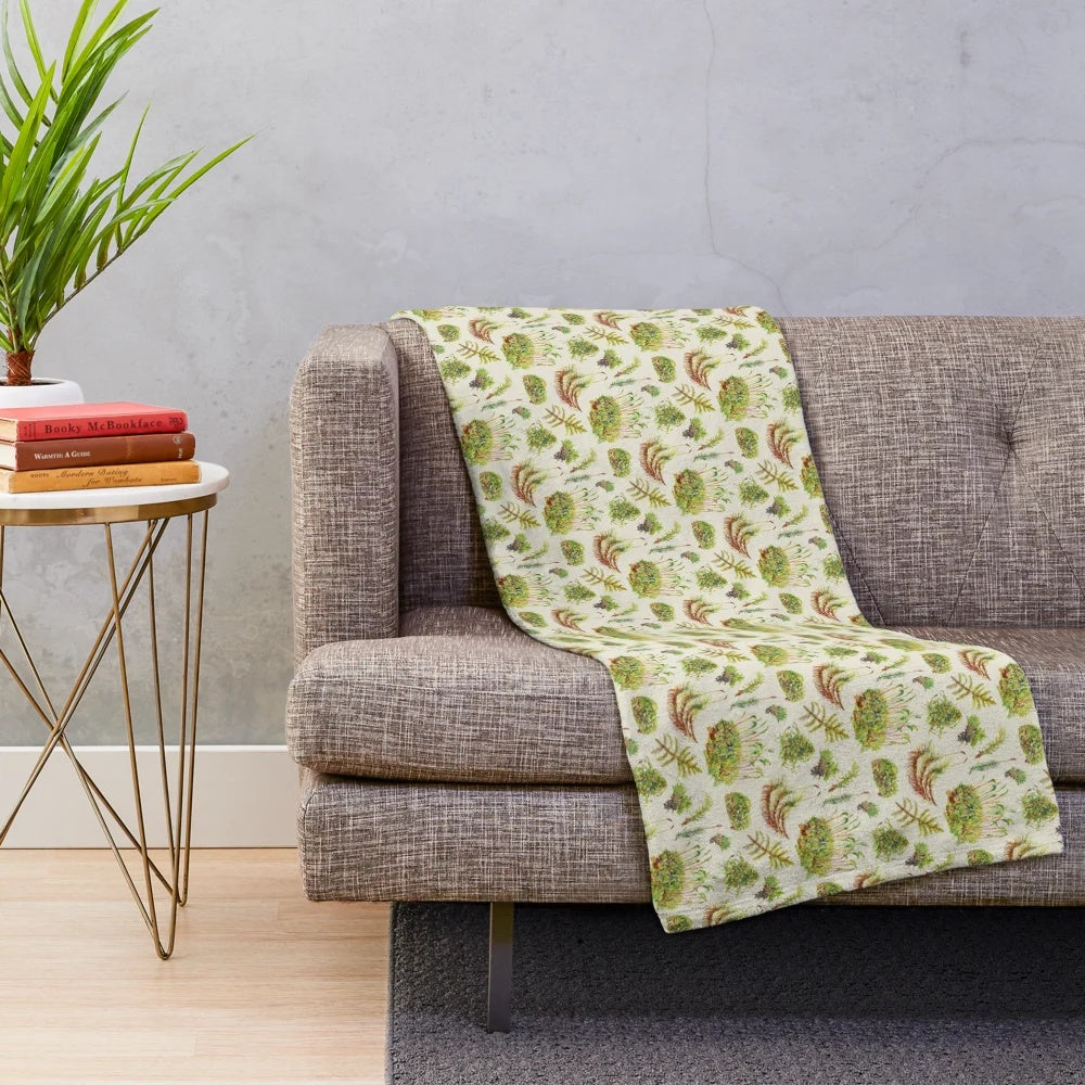 Mosses botanical plush blanket with a neutral, nature-inspired watercolor pattern
