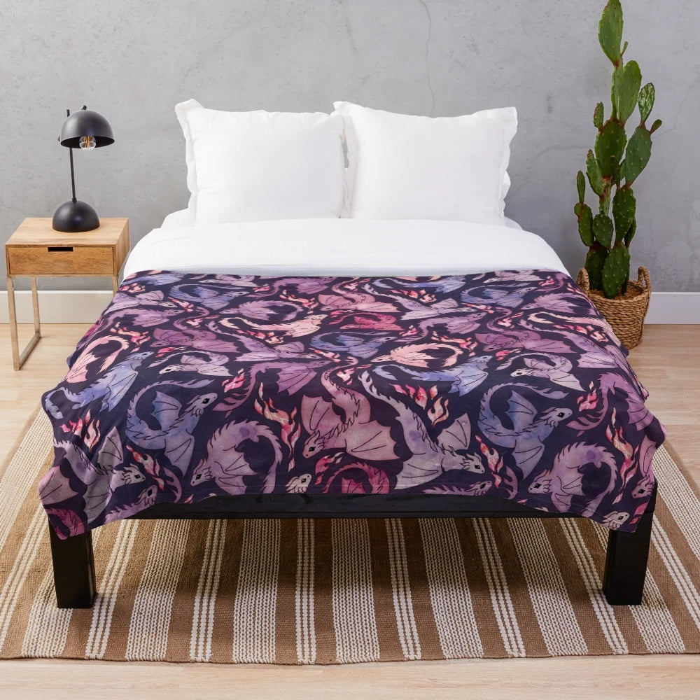 Plush dragon-themed blanket with a seamless watercolor design in dark pink and purple hues