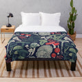 Mystical fungi plush blanket with midnight blue background, sage and forest green, red and coral wild mushrooms