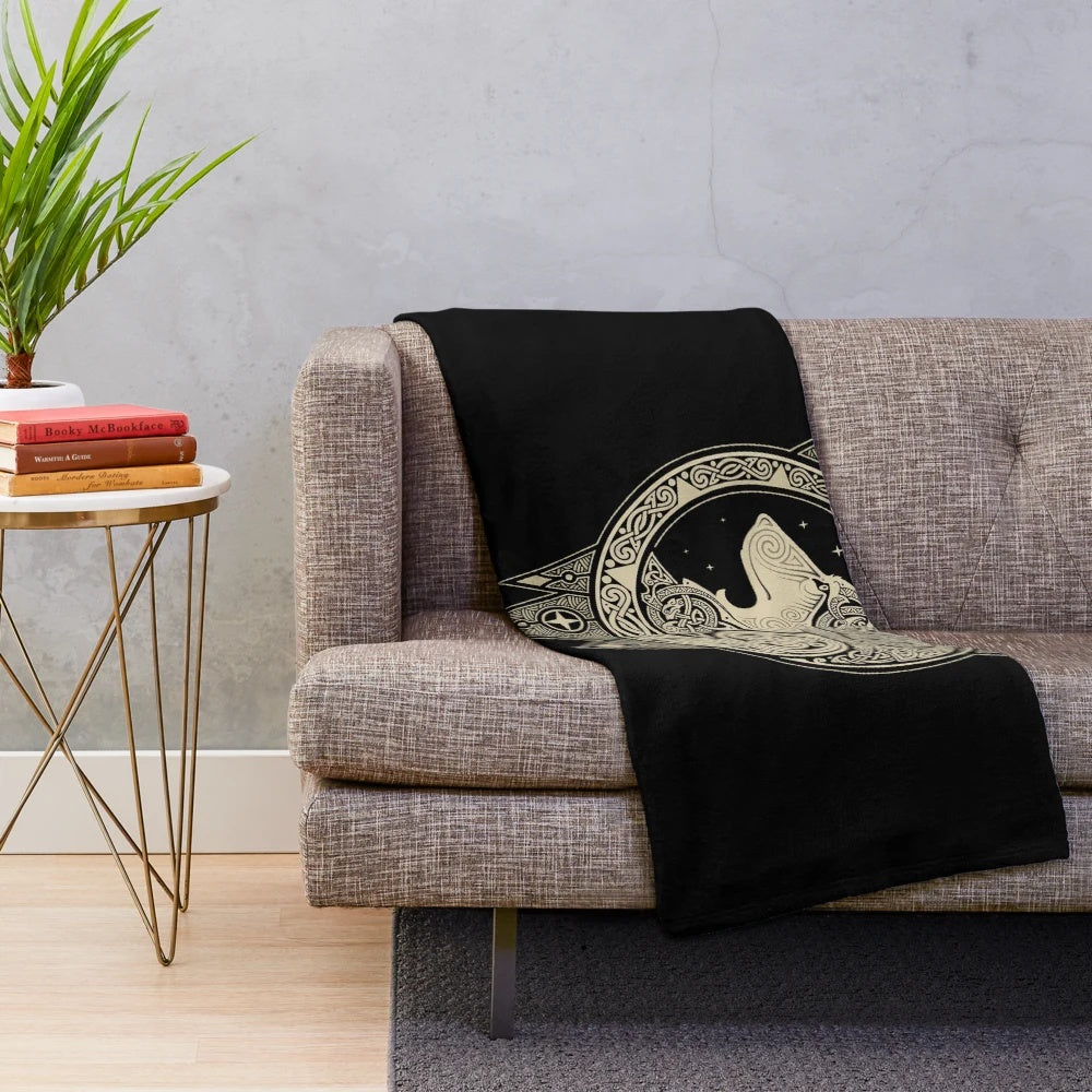 Plush blanket with Norse-inspired wolf graphic and Celtic knotwork design