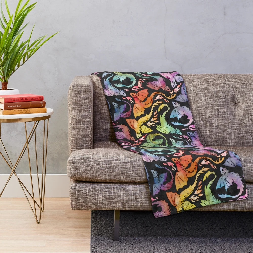 Plush dragon fire rainbow blanket with watercolor and seamless design