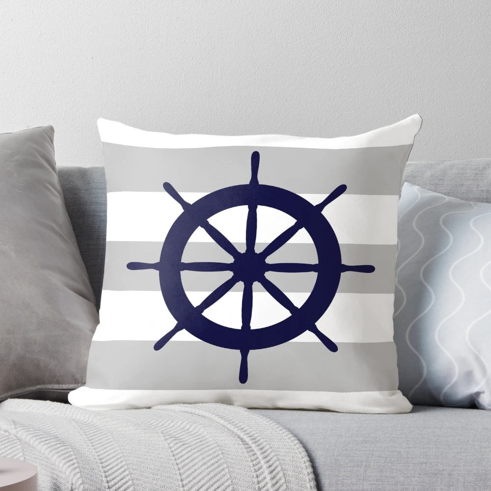 Nautical Navy Blue and Silver Gray Striped Ship's Steering Wheel Pillow