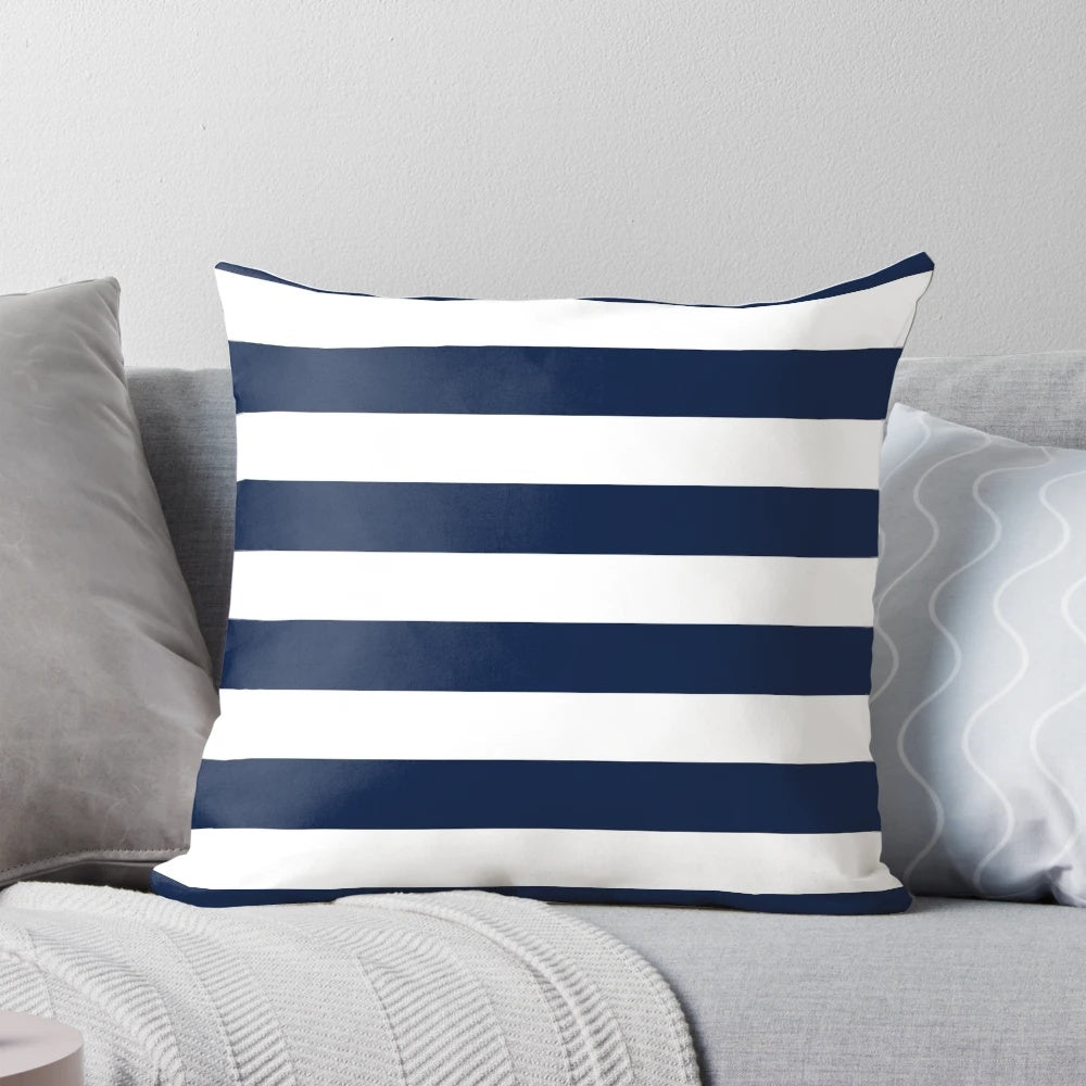 Navy blue and white minimalist striped decorative pillow for coastal, nautical, or beachy home decor.