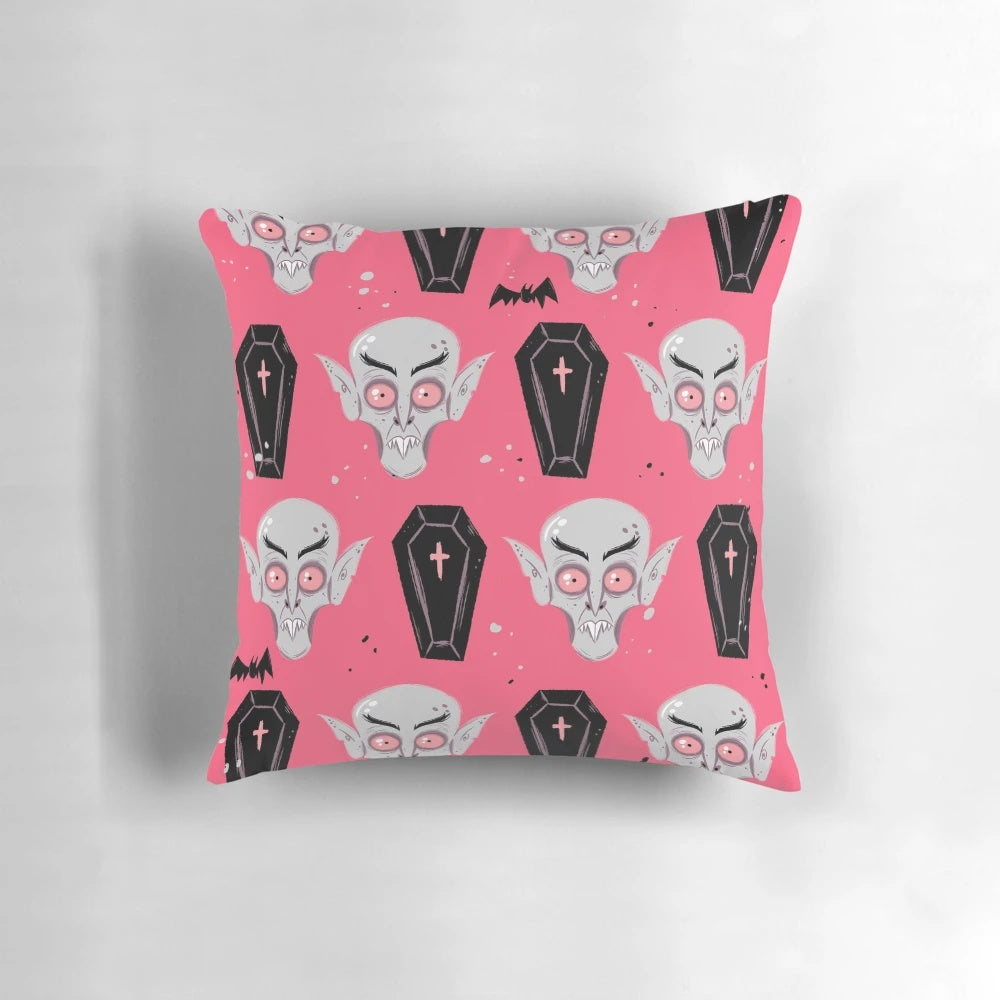 Nosferatu-inspired horror pillow with a pink and black gothic design