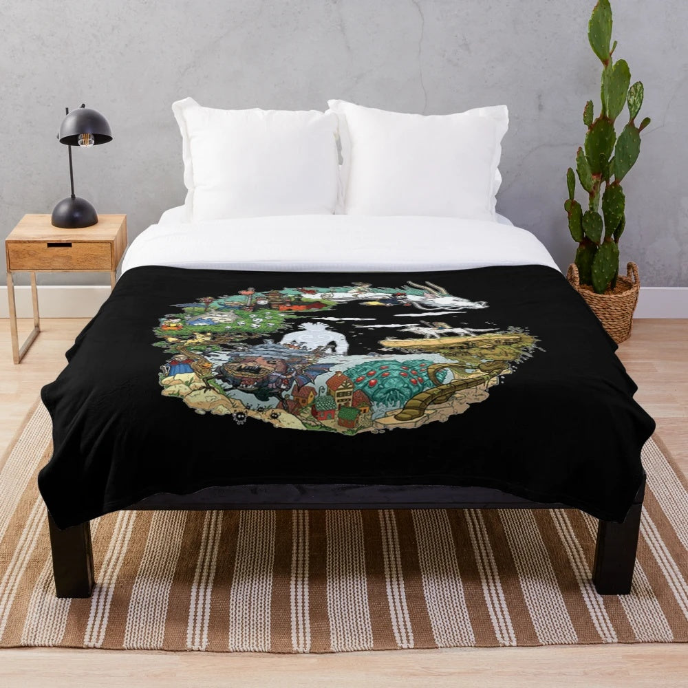 Vintage Totoro-inspired plush blanket with nostalgic anime art