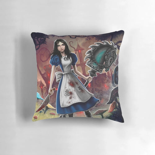 Alice Madness Returns accent pillow featuring the Cheshire Cat and Mad Hatter from the fantasy game
