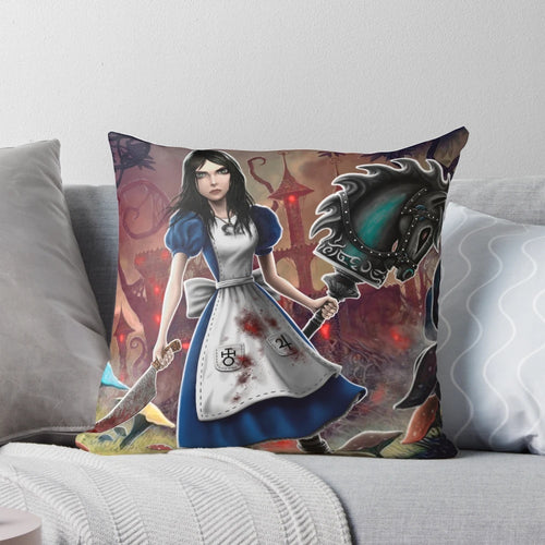 Alice Madness Returns accent pillow featuring the Cheshire Cat and Mad Hatter from the fantasy game