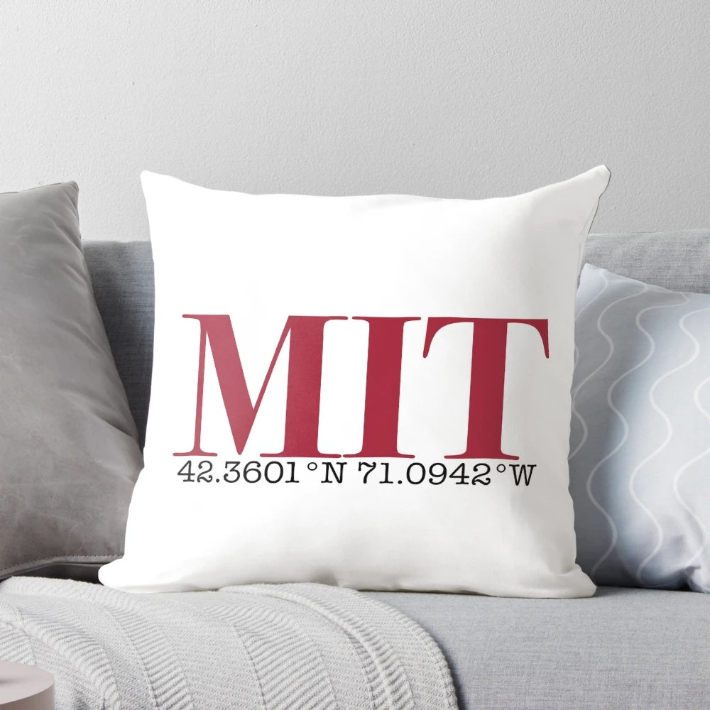 MIT Coordinates Pillow featuring the iconic MIT Beaver mascot in cardinal red and silver