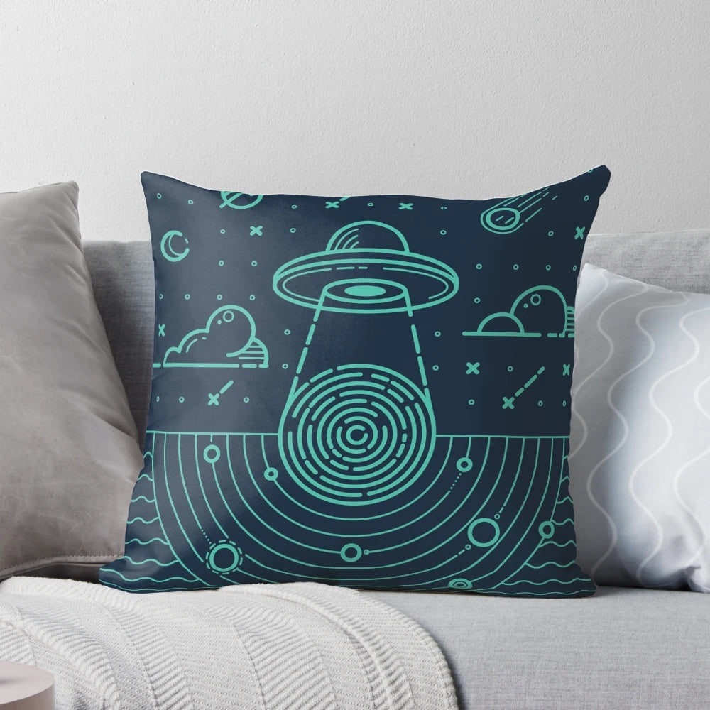 Pillow featuring a mystical UFO in the night sky, perfect for sci-fi lovers