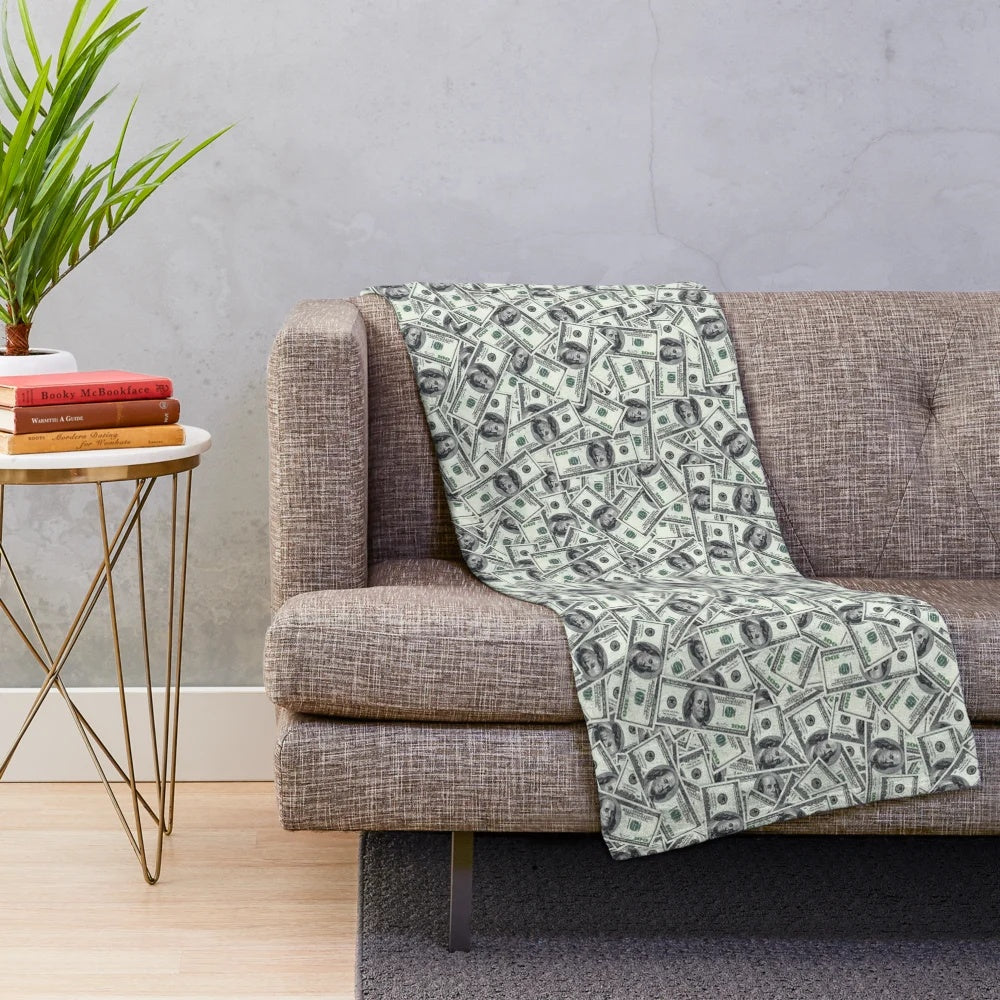 Oversized plush blanket with a vibrant money background design