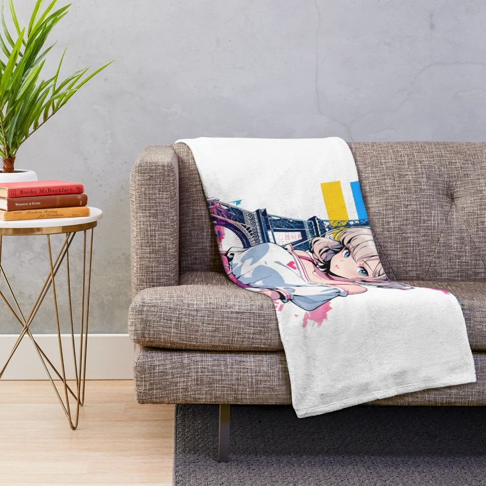 Parisian girl with Eiffel Tower plush blanket