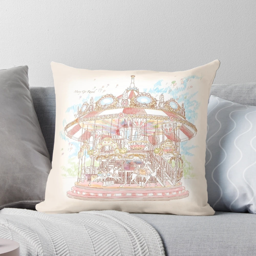 Pastel carousel-themed decorative pillow with watercolor design and soft, plush fabric