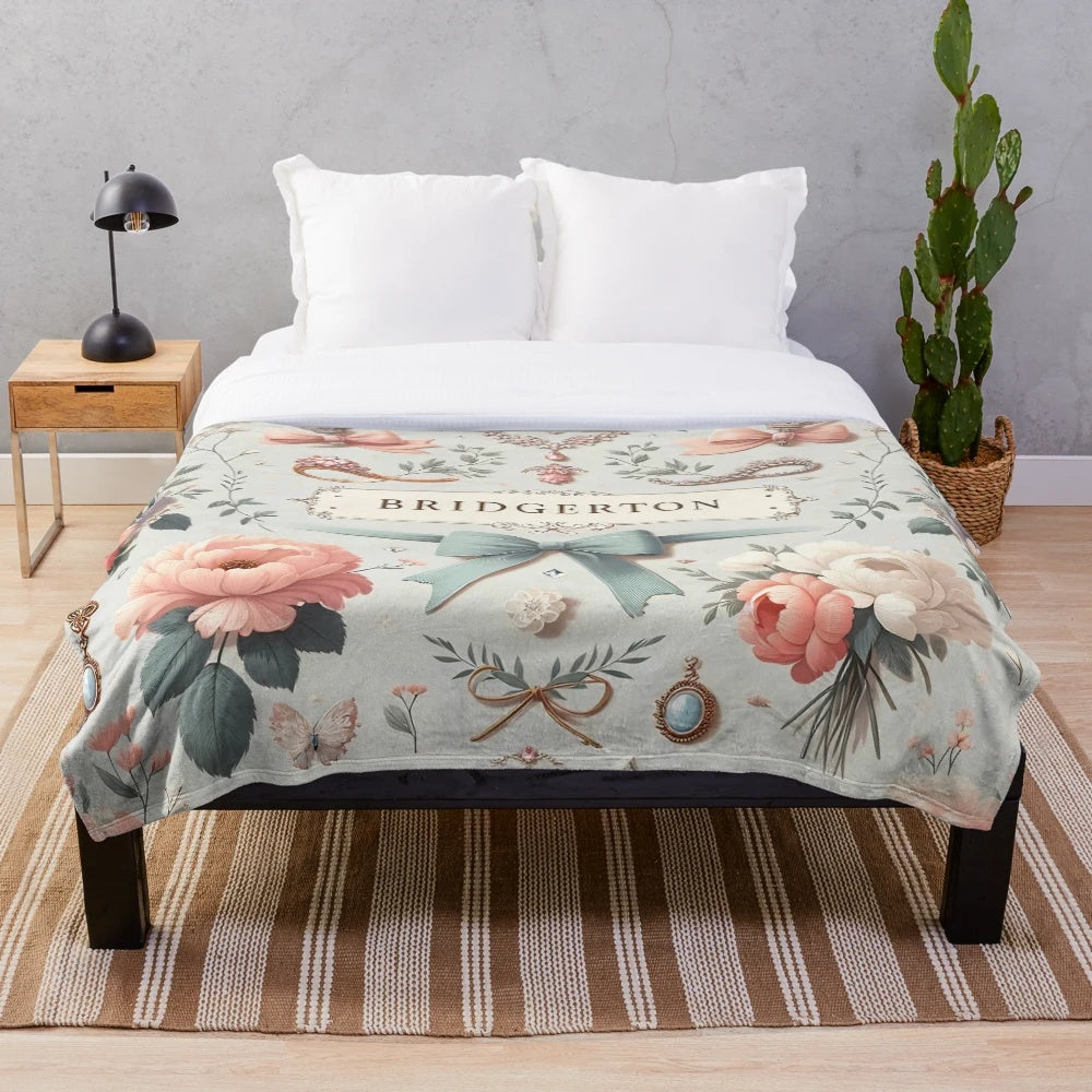 Pastel plush blanket with whimsical Bridgerton-inspired floral and jewelry design