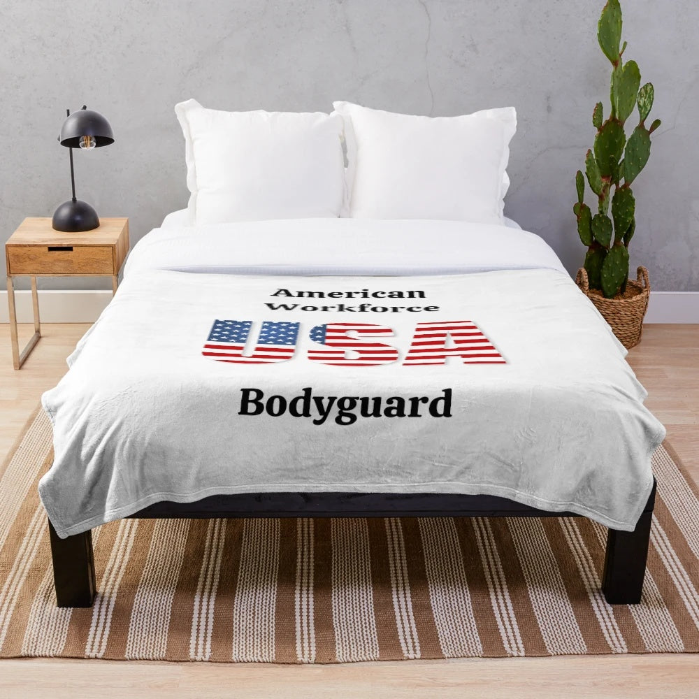 Patriotic plush blanket featuring American flag and bodyguard graphic