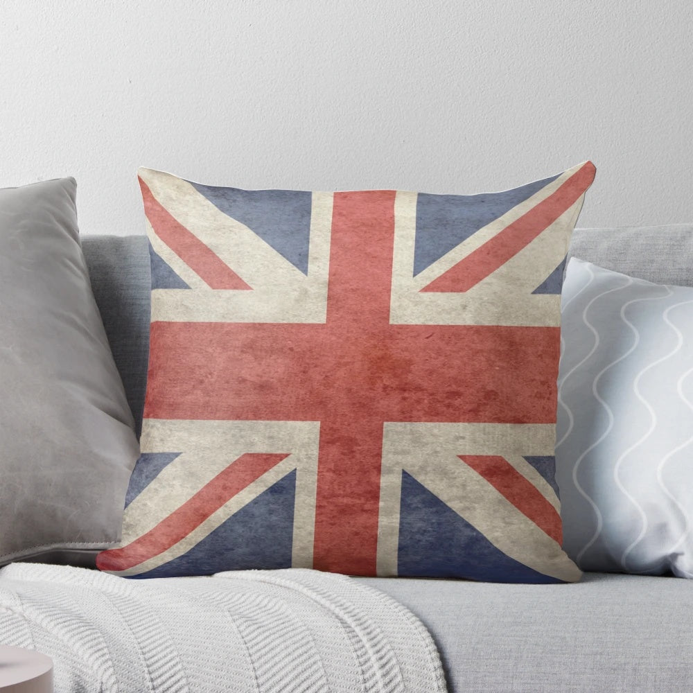 Union Jack throw blanket with distressed UK flag design and matching pillow cover