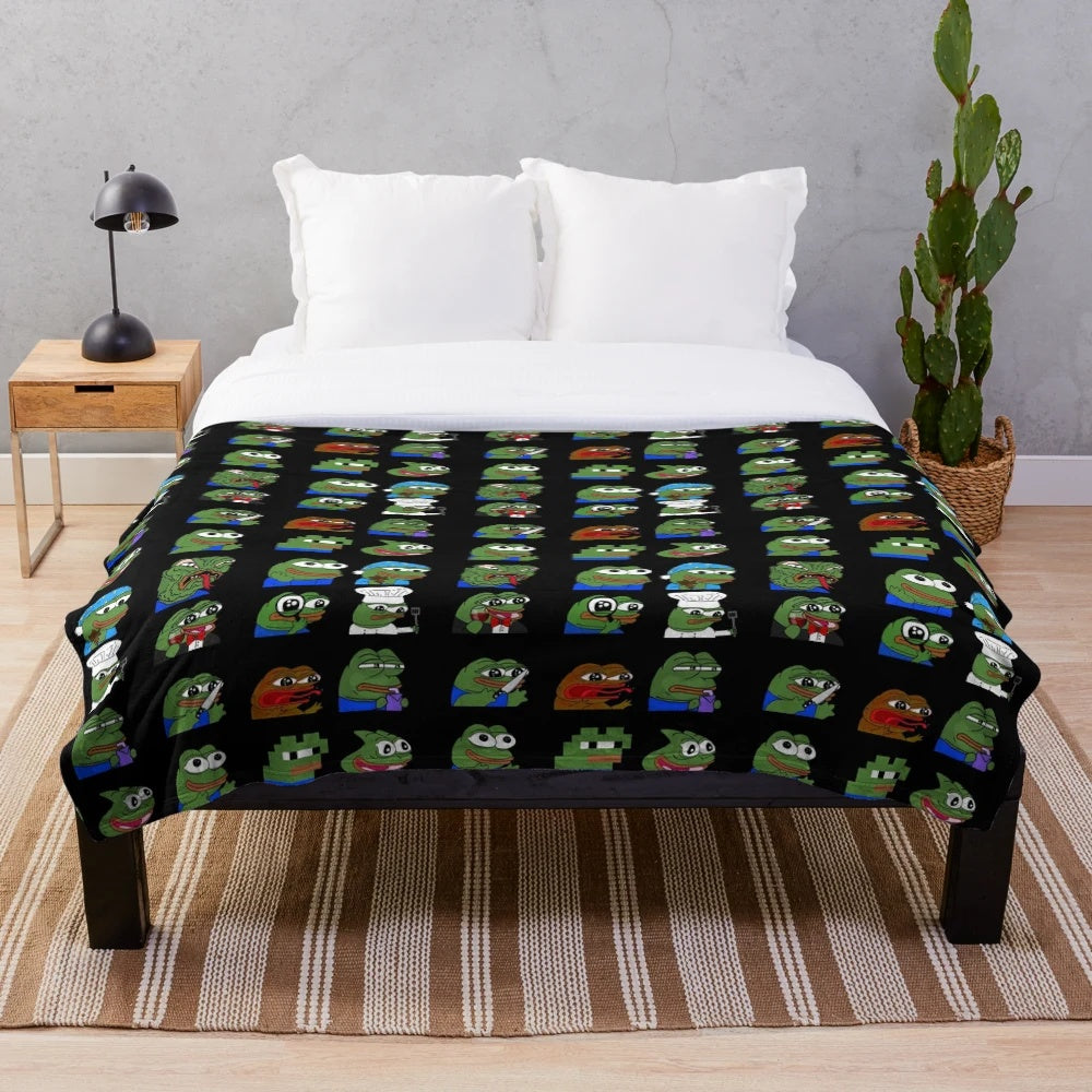 A pepe peepo themed plush blanket featuring various internet meme characters and emotes.