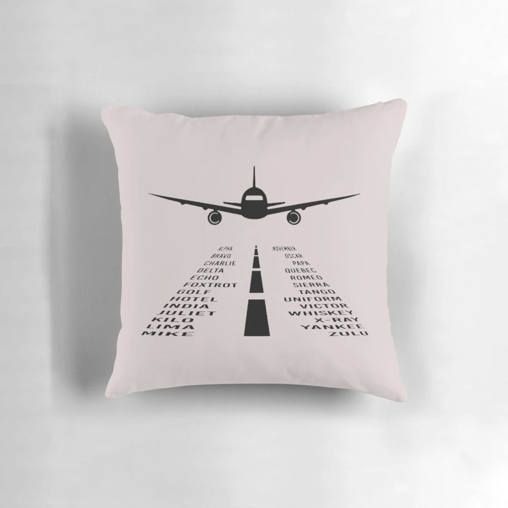 Vintage-style pilot phonetic alphabet pillow with aviation and airplane design