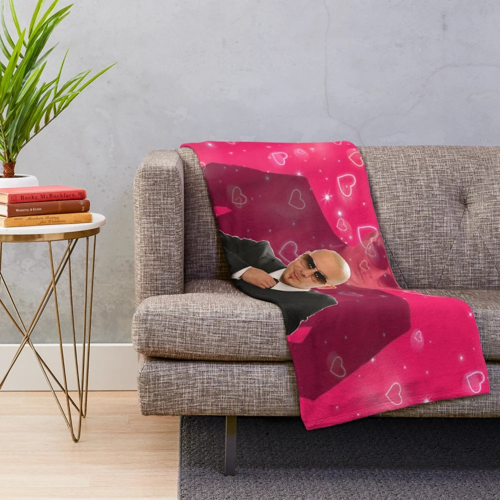 Pitbull inspired plush blanket featuring the rapper's signature "Mr Worldwide" logo