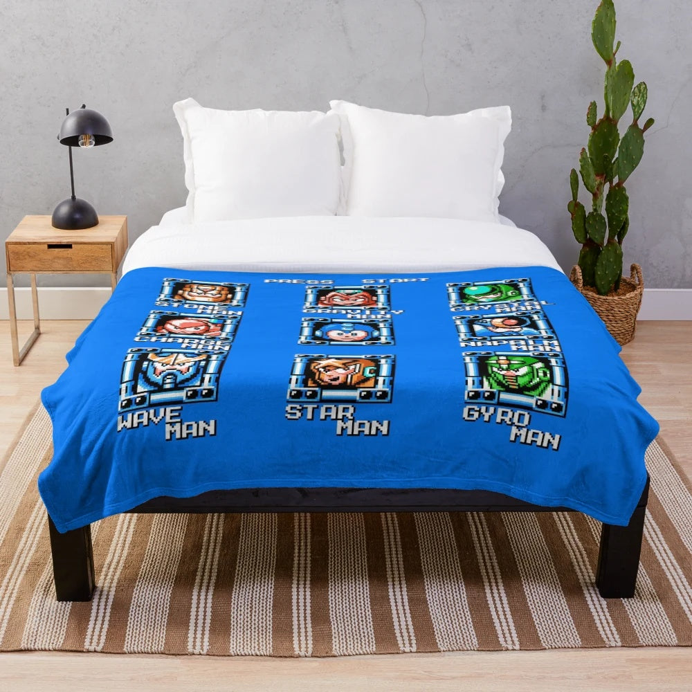 Pixel art inspired Megaman 5 stage select plush blanket