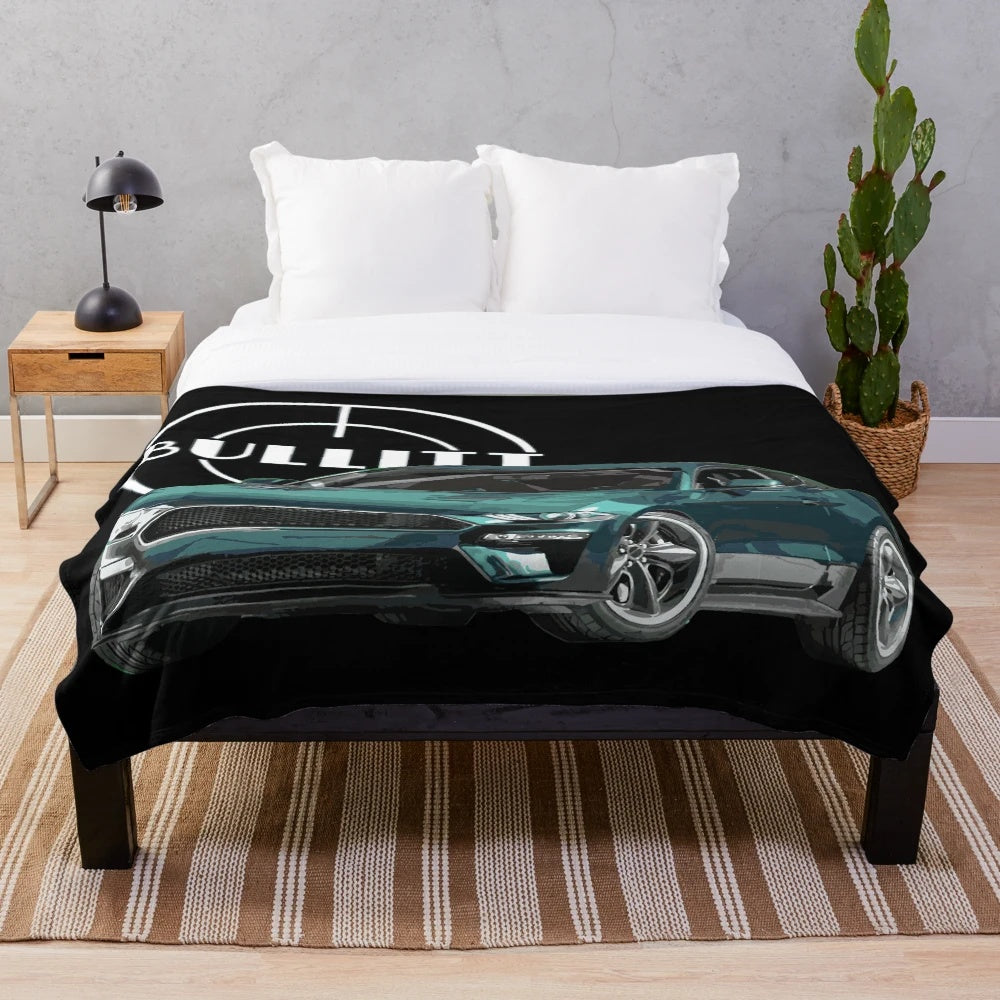 Soft plush blanket with Ford Mustang GT and Bullitt movie car design