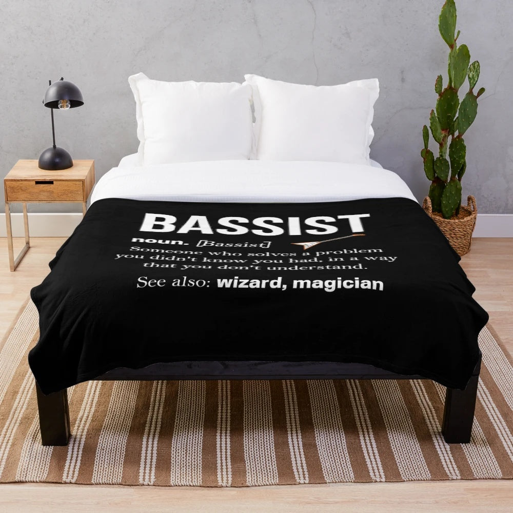 Plush blanket with bass player and guitarist design