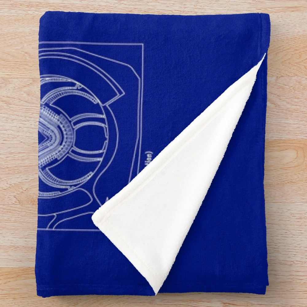 Plush blanket featuring a vintage blueprint-style design of Dodger Stadium with a white stencil on a blue galaxy backdrop