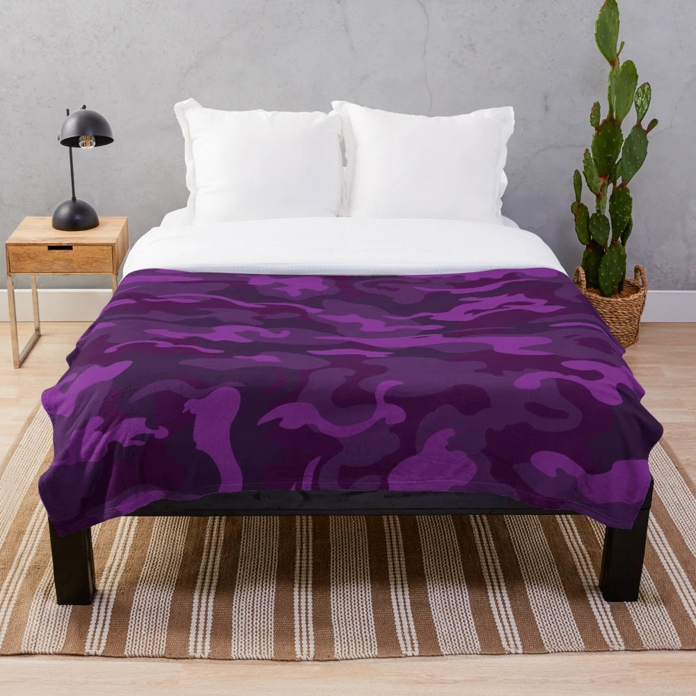 Soft, plush purple blanket with camouflage pattern design