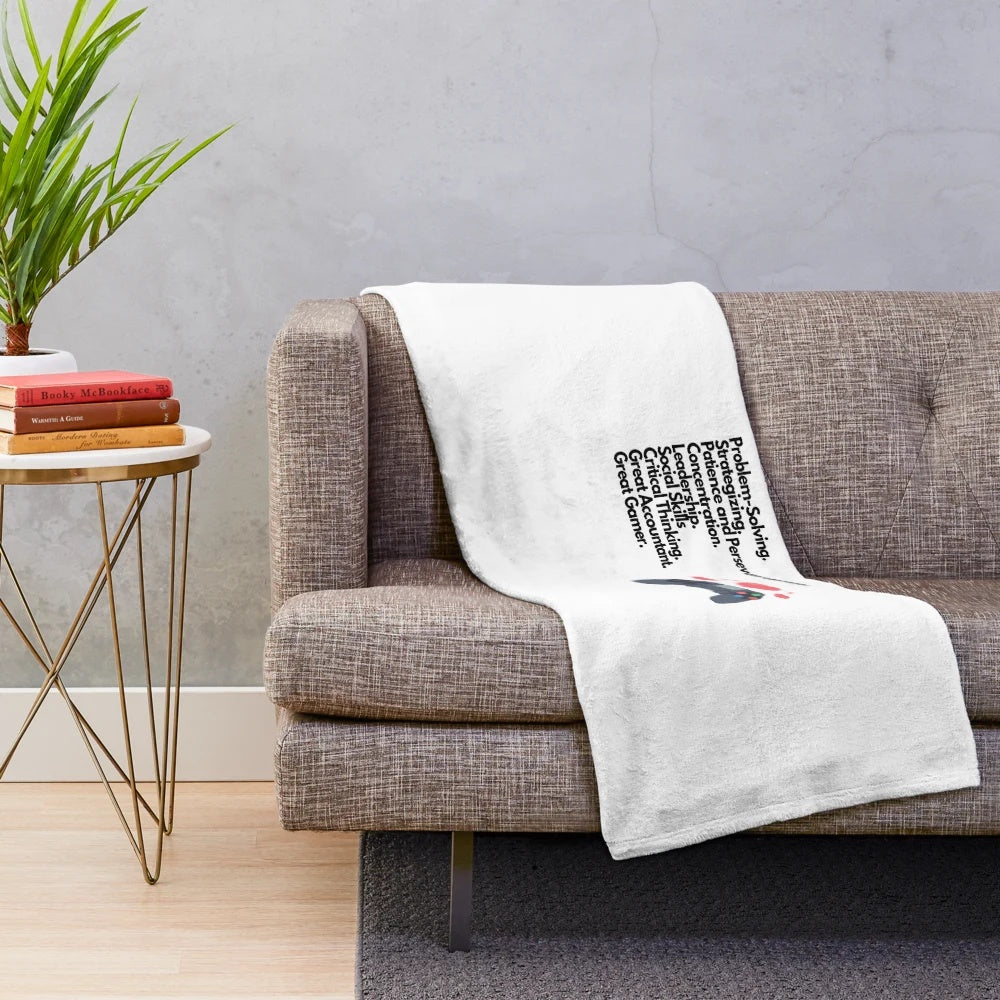 Plush blanket featuring accounting and gaming skills