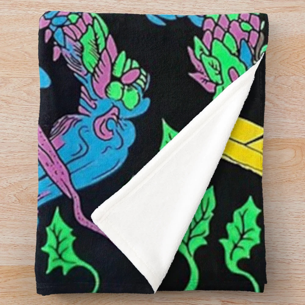 Soft, cozy plush blanket featuring a vintage-inspired psychedelic design inspired by the band King Gizzard and the Lizard Wizard