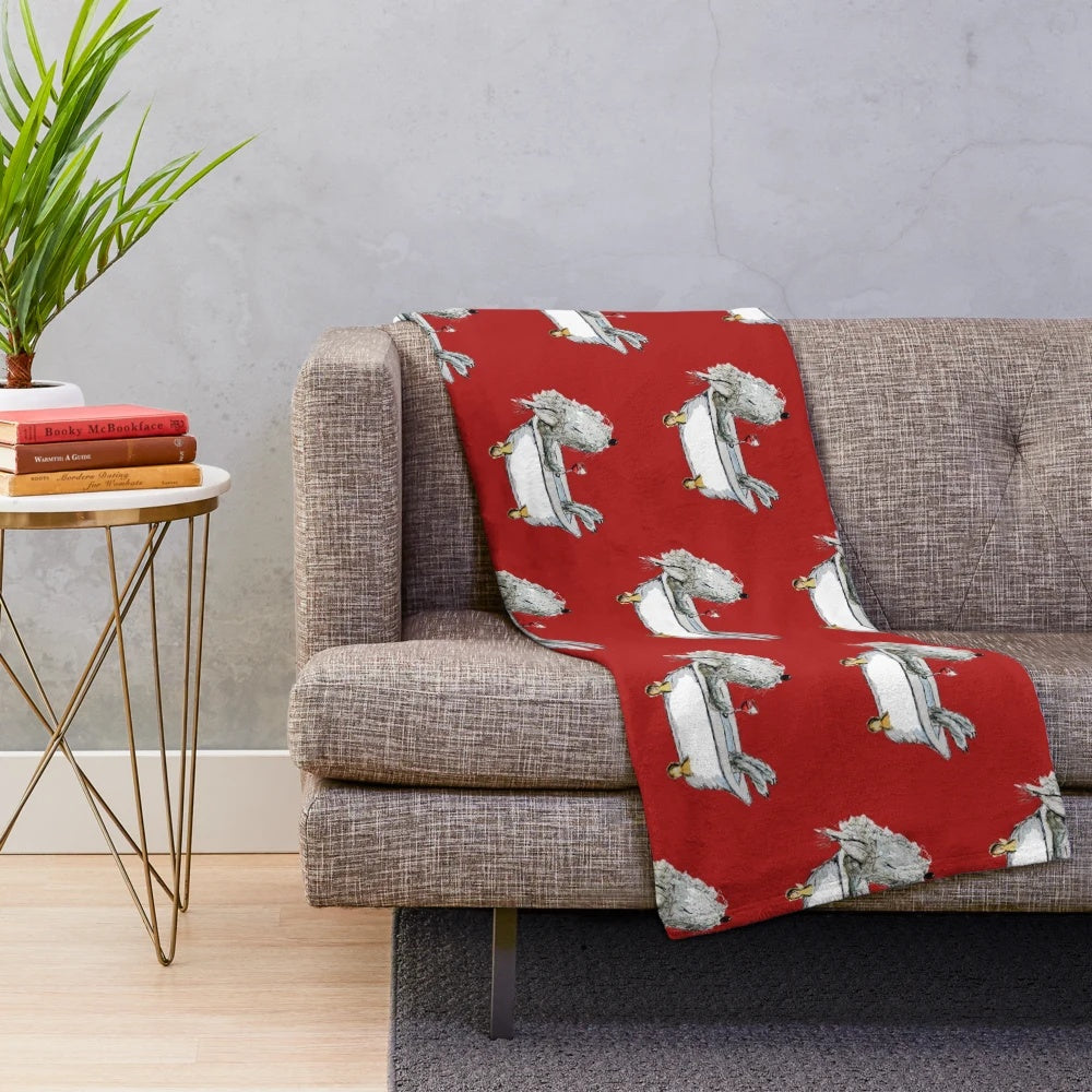 Whimsical illustration of a Bedlington Terrier dog in a bathtub against a red background