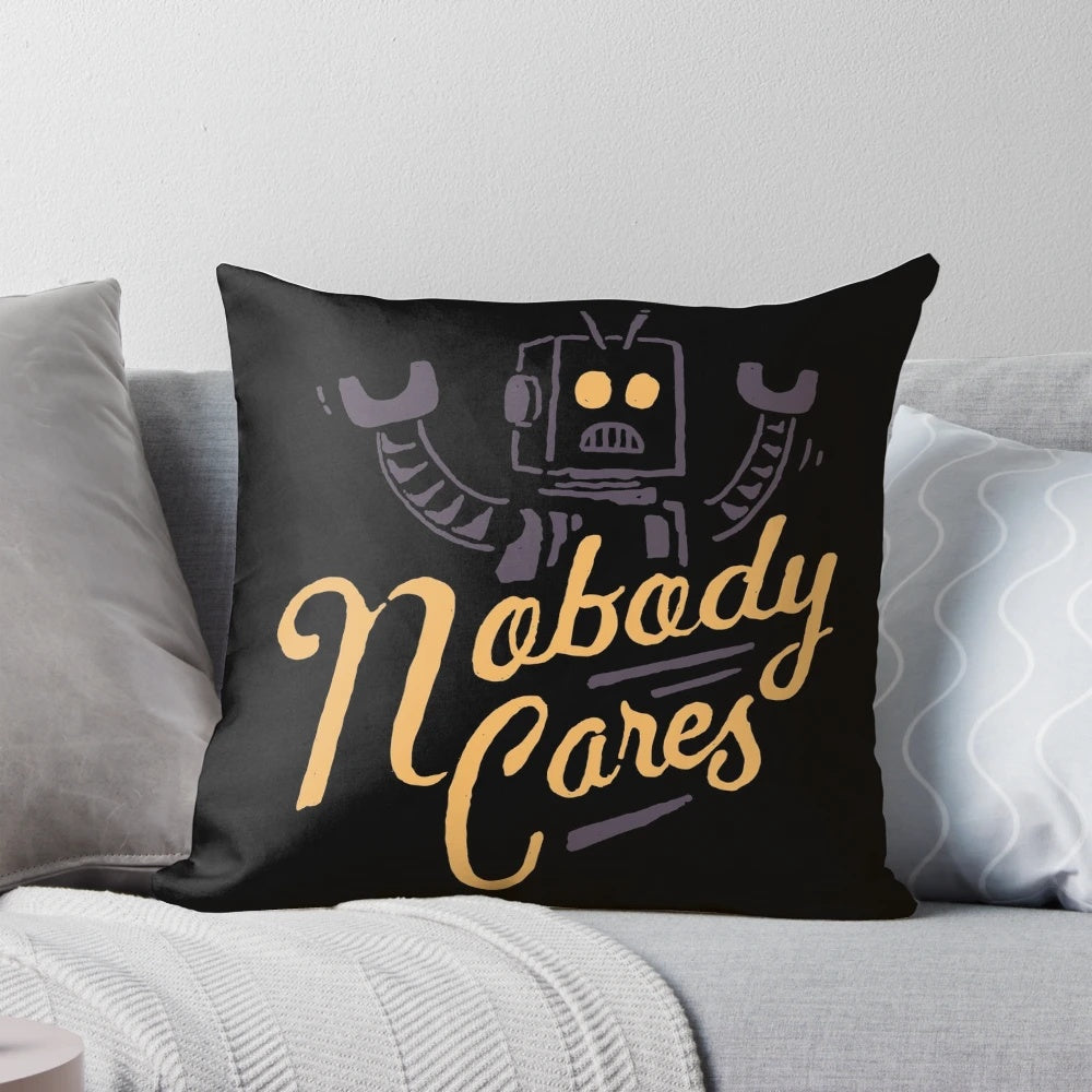 Nobody Cares Robot Typography Pillow for Sad Moods and Bedroom Decor