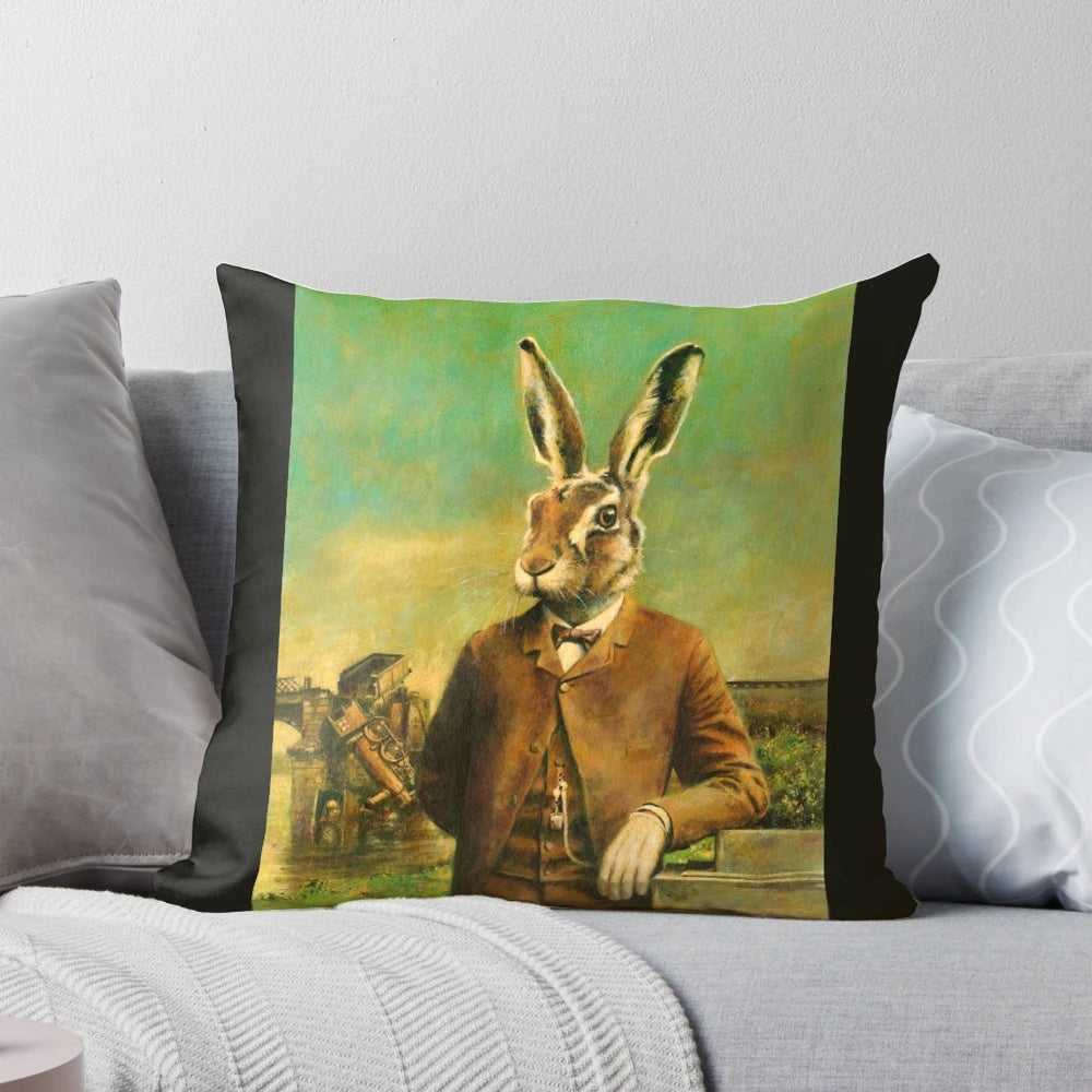 A whimsical vintage-style pillow featuring a quirky anthropomorphic hare in a suit