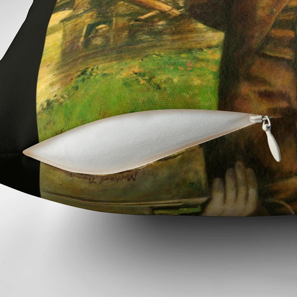 A whimsical vintage-style pillow featuring a quirky anthropomorphic hare in a suit