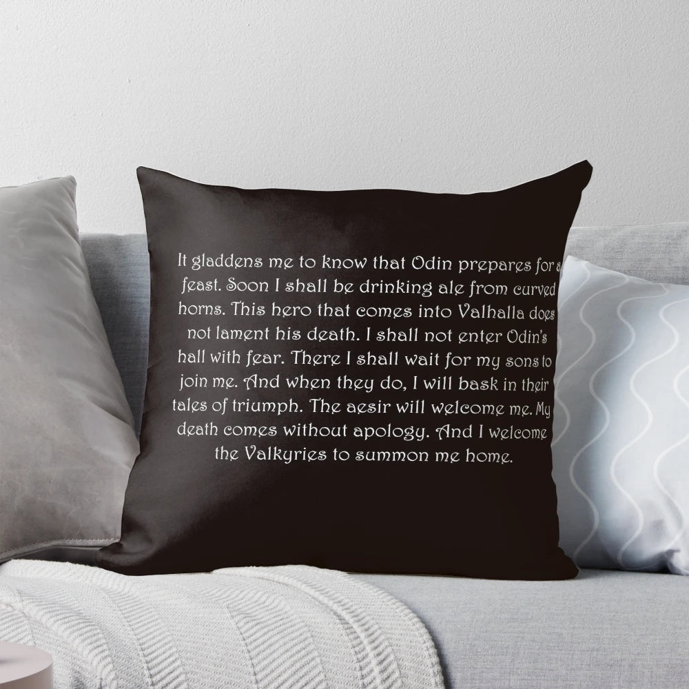 Ragnar Lothbrook's final speech printed on a black throw pillow