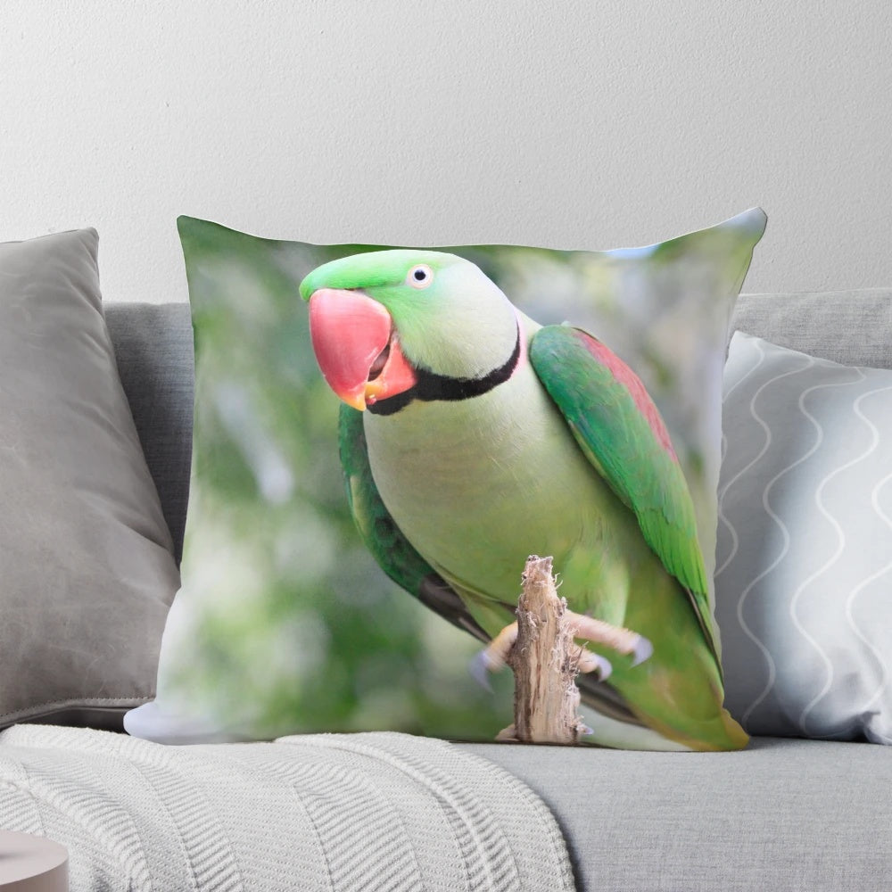Colorful Alexandrine Parrot Throw Pillow featuring a realistic bird design