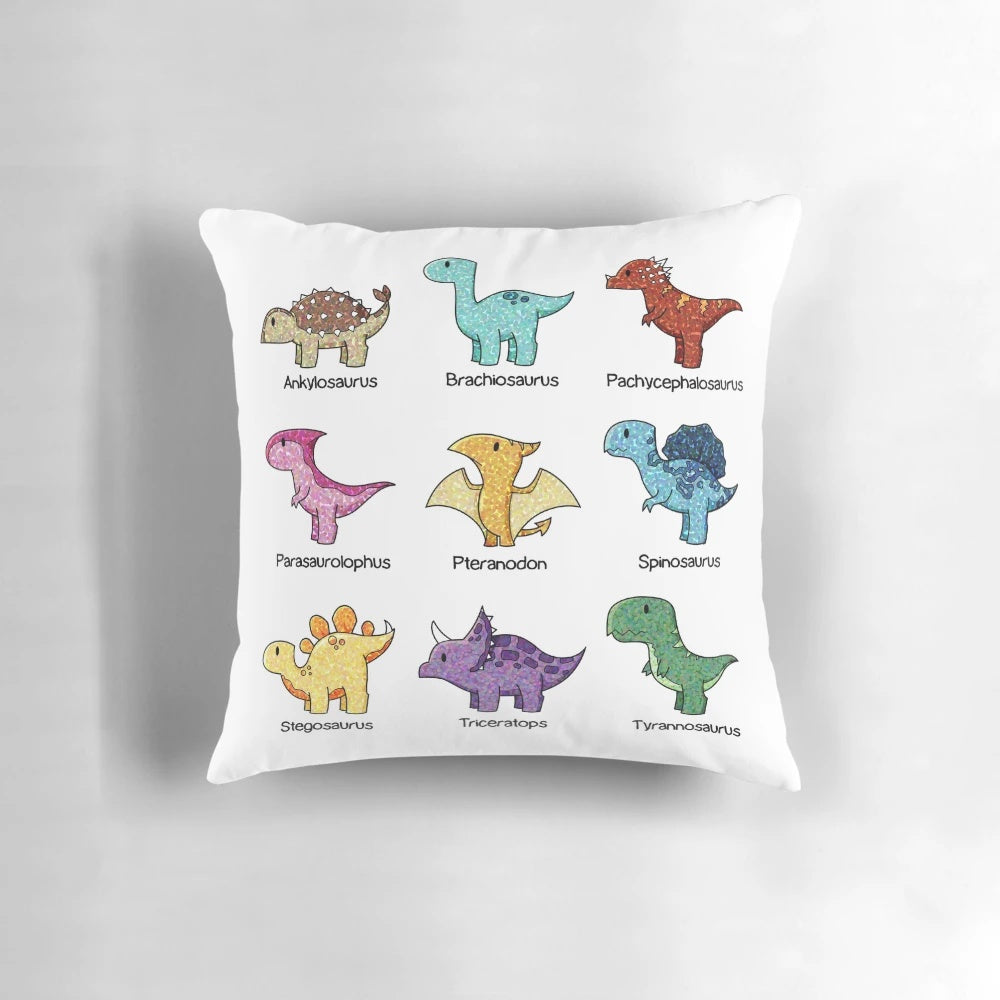 Dinosaur-themed throw pillow with various species including T-rex, Triceratops, and more