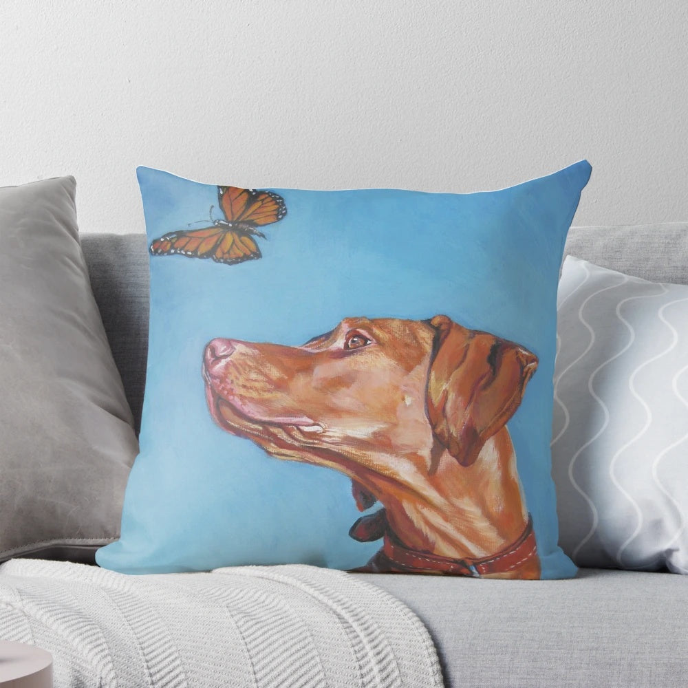 A high-quality decorative throw pillow featuring a realistic portrait painting of a beautiful Vizsla dog by artist L.A. Shepard.