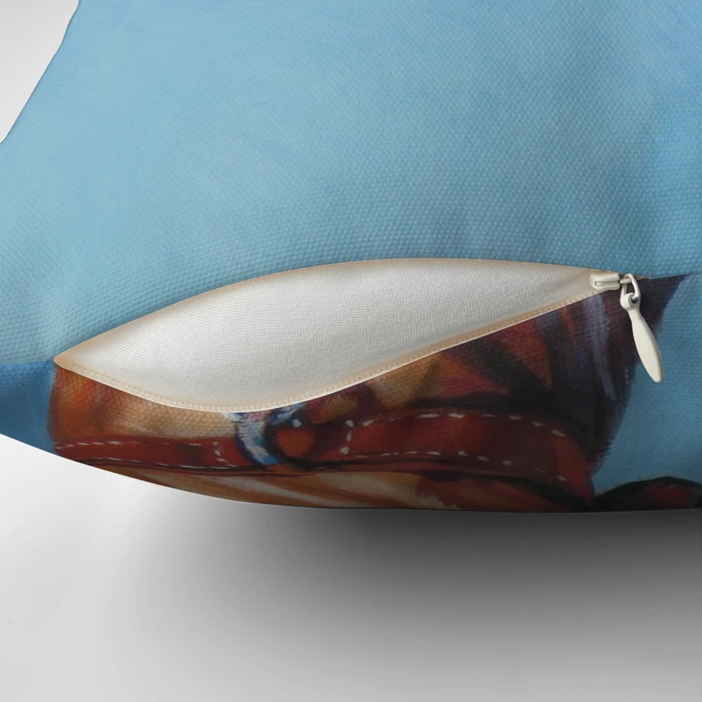 A high-quality decorative throw pillow featuring a realistic portrait painting of a beautiful Vizsla dog by artist L.A. Shepard.
