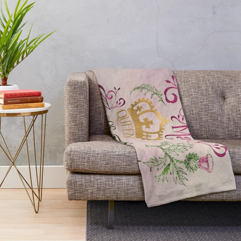Mary Queen of Scots inspired plush blanket featuring Scottish thistles and typography