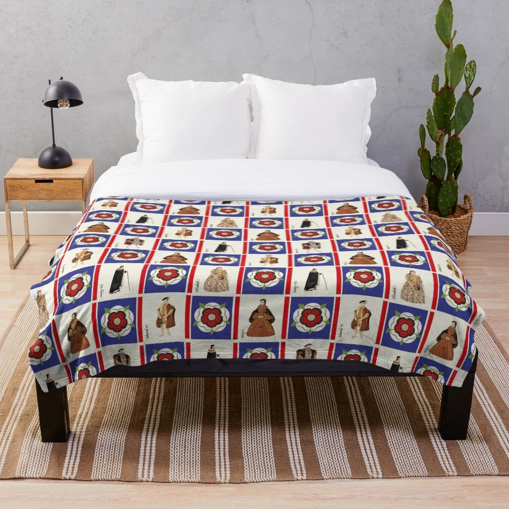 Tudor-inspired plush blanket with floral and royal design
