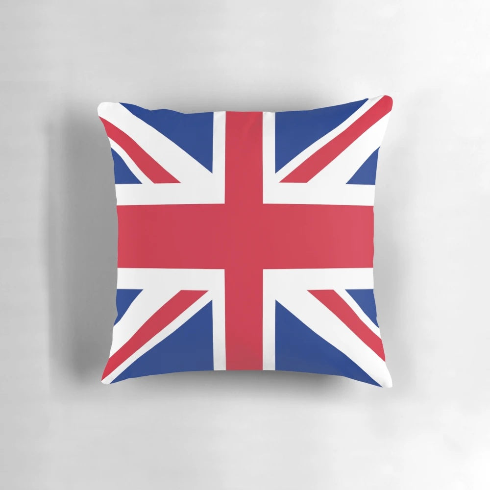 Retro 1960s Union Jack mini skirt printed on a plush, decorative pillow featuring the iconic British flag design with a lion graphic.