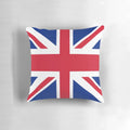 Retro 1960s Union Jack mini skirt printed on a plush, decorative pillow featuring the iconic British flag design with a lion graphic.