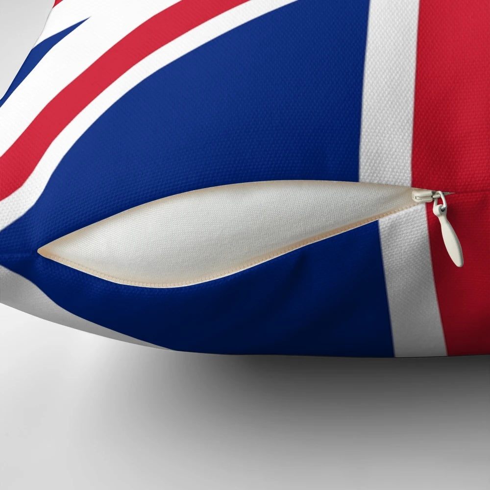 Retro 1960s Union Jack mini skirt printed on a plush, decorative pillow featuring the iconic British flag design with a lion graphic.