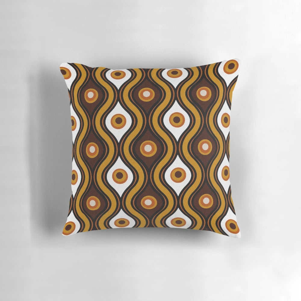 Retro 1970s style brown, orange, and white patterned throw pillow