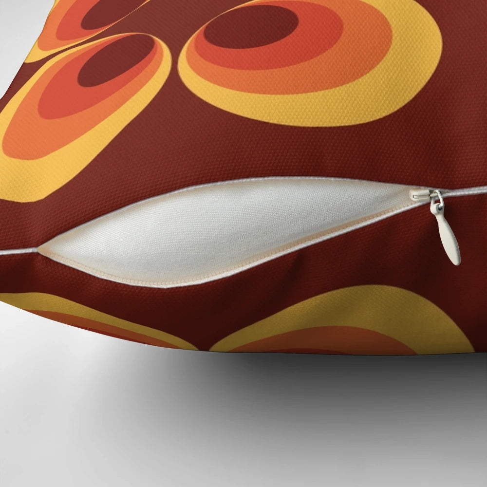 Retro 70s graphic throw pillow with vibrant colors and bold patterns