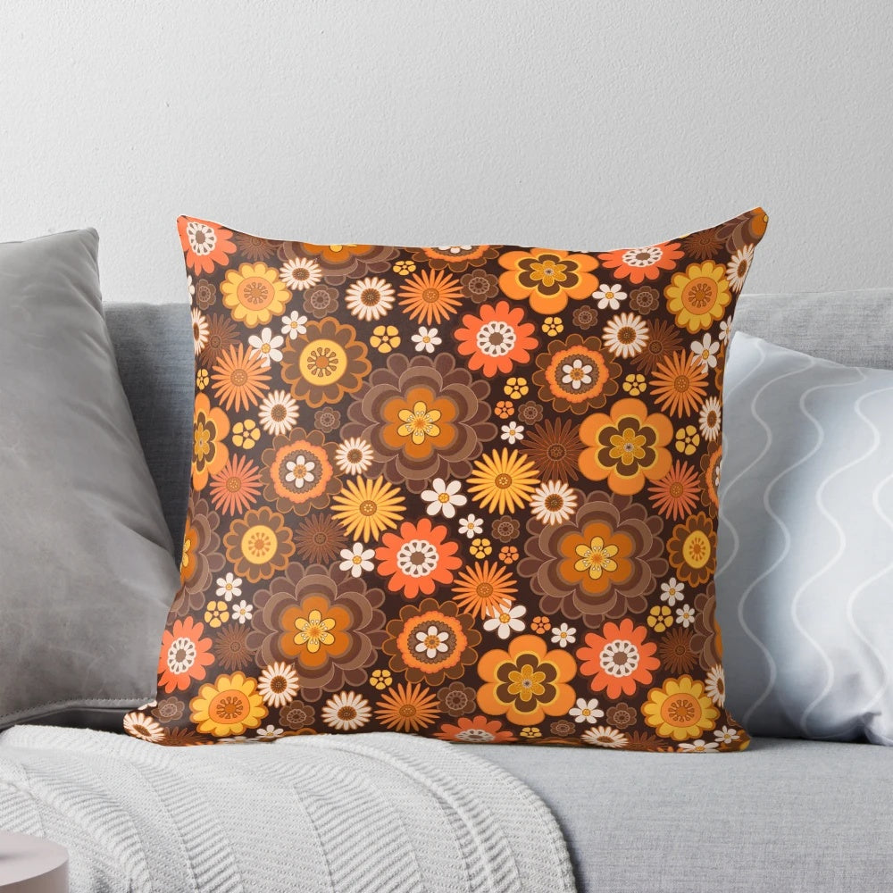 Vintage Retro 1970s Floral Pattern Decorative Throw Pillow