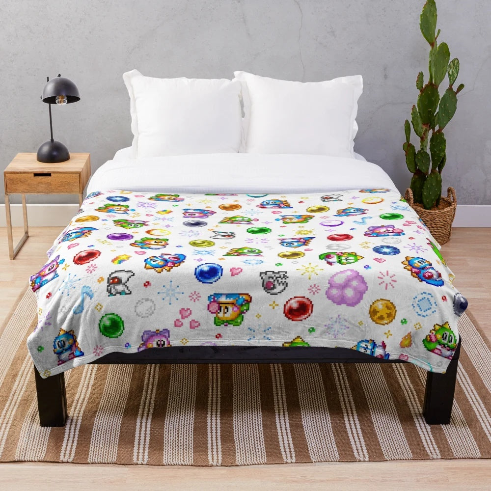 Retro 8-bit bubble bobble plush blanket with seamless pattern