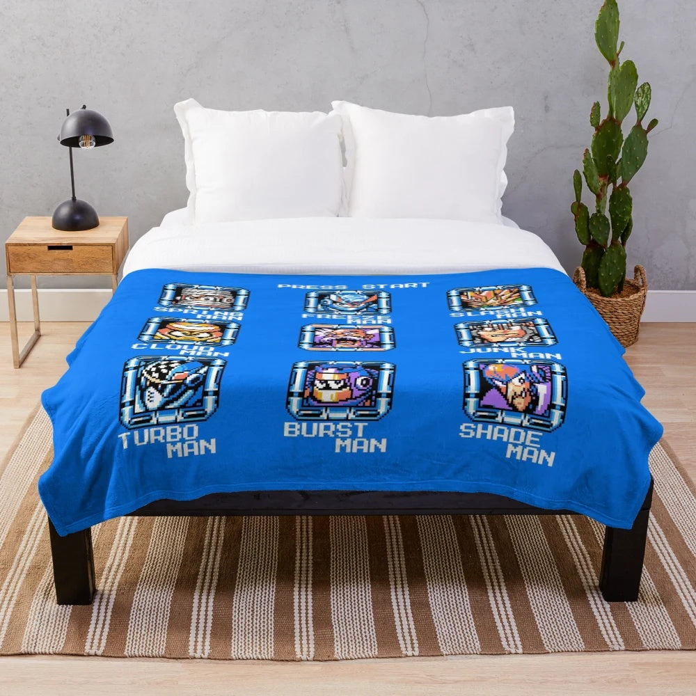 Retro 8-bit Megaman 7 stage select inspired plush blanket